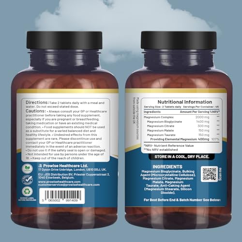 Magnesiumglycinat-Komplex 4 in 1 – 1866 mg pro Portion | Präzise Dosis von 404 mg elementarem Magnesium | Mit Magnesiumglycinat, citrat, malat und -taurat | 90 vegane Kapseln – von Prowise