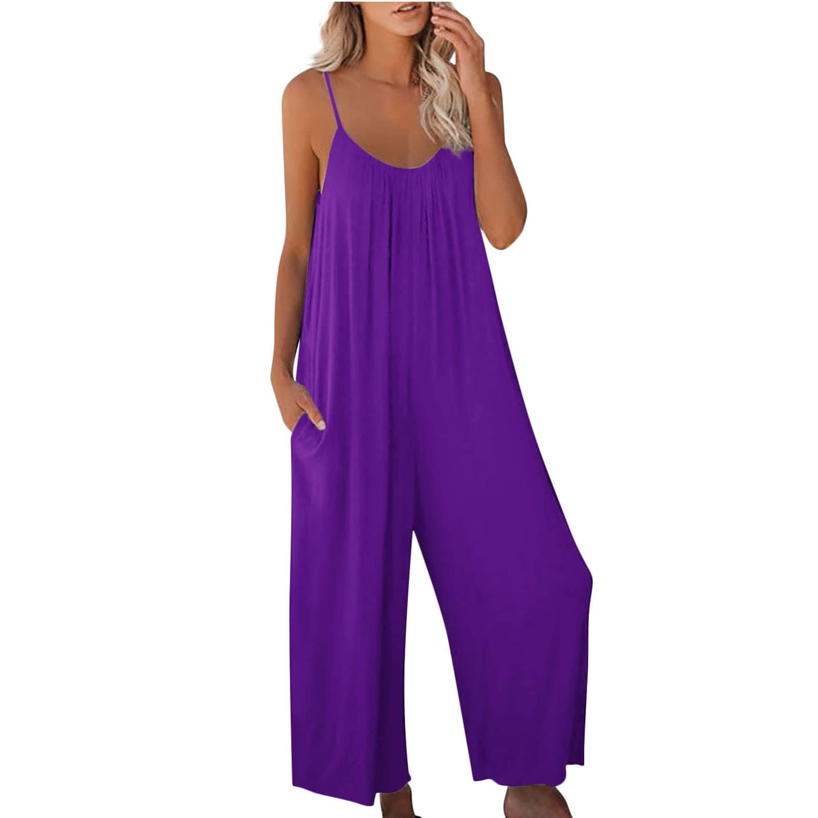 L9WEI Mono de verano para mujer, sin mangas, monocolor, con tirantes delgados, pantalones holgados, pantalones de gran tamaño, holgados, holgados, cómodos, bohemios, de playa