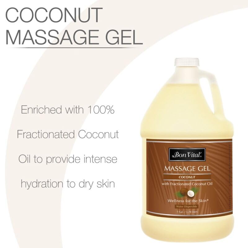Bon Vital' Coconut Massage Gel with 100% Pure Fractionated Coconut Oil, Great for At-Home Use in Relaxing Back Massages & Neck Massages, Moisturizes Skin Without Clogging Pores, 1 Gal, Label may Vary