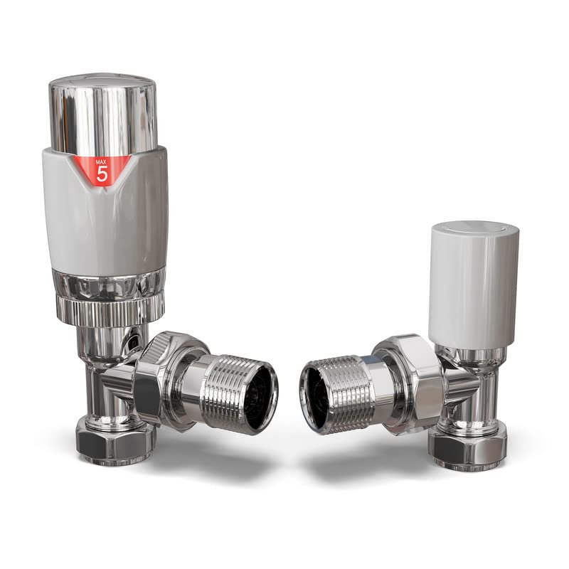 UK Radiators White Thermostatic Radiator Valve and Angled Lockshield Valve - Gloss White Finish - Classy and Modern Design 1/2" x 15mm Angled Radiator Valve โ image 1