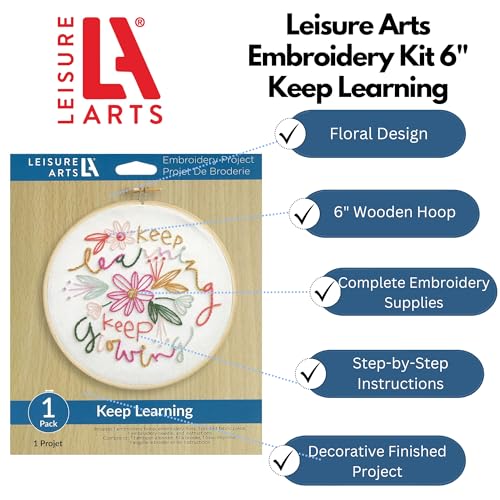 Image of LEISURE ARTS Embroidery Kit 6 inch Keep Learning - Embroidery Kit for Beginners and Adults, Cross Stitch Kits with Patterns, DIY Starter Set for Seasonal Craft Projects