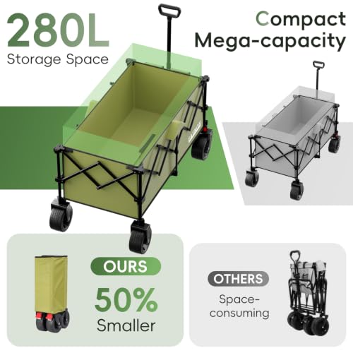 Image of 46 inch L Collapsible Foldable Extended Wagon, 500LB Weight Capacity with 280L Heavy Duty Folding Cart,Utility Wagon with All-Terrain Beach Wheel & Drink Holders,Green