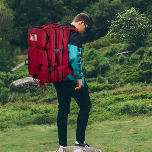 Image of Hannibal Tactical MOLLE Assault Backpack, Tactical Backpack Military Army Camping Rucksack, 3-Day Pack Trip w /USA Flag Patch, D-Rings, Red