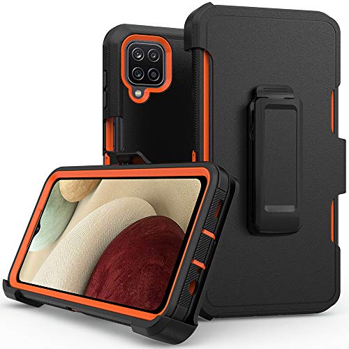 Niriaho Phone Case For Samsung Galaxy A12 5G Case,Heavy Duty Hard Shockproof Armor Protector Case Cover With Belt Clip Holster For Samsung Galaxy A12 5G Phone Case (Black+Orange) #TOP21