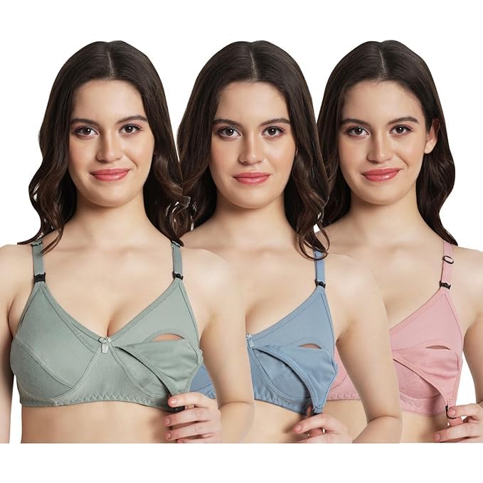 Women's Cotton Front Open Nursing Bra, Non-Padded Non-Wired Full Coverage Maternity and Feeding Bra with Easy Clip Closure, Multicolor, Pack of 3-image-38