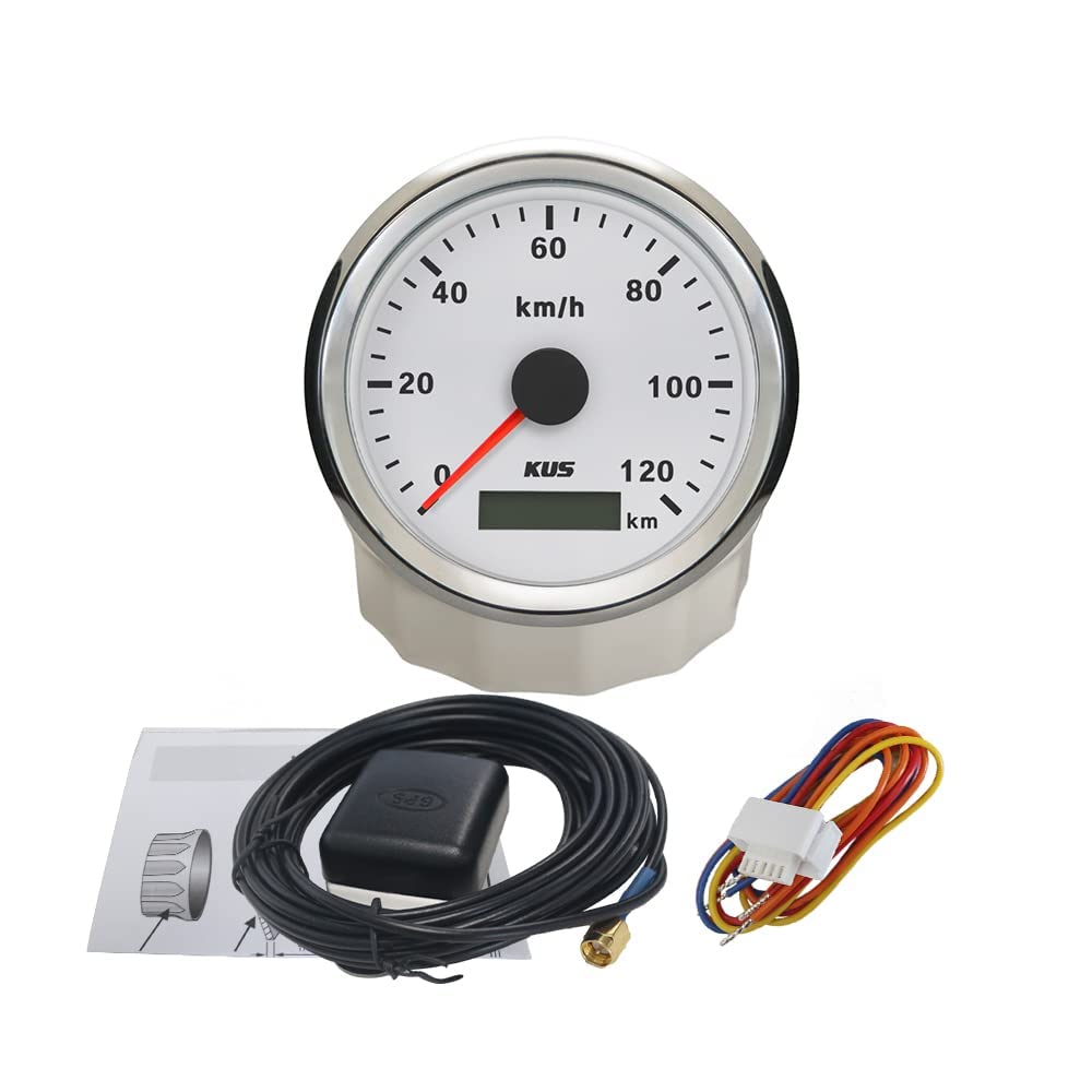 KUS Compteur De Vitesse Compteur De Vitesse GPS Etanche 120KM/H Avec Rétroéclairage Pour Auto 85mm (Blanc)