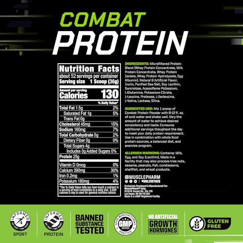 Image of Muscle Pharm Combat Protein Powder, Horchata Flavor, Fuels Muscles for Productive Workouts, 5 Protein Sources Including Whey Protein Isolate & Egg Albumin, Gluten Free, 4 lb, 52 Servings