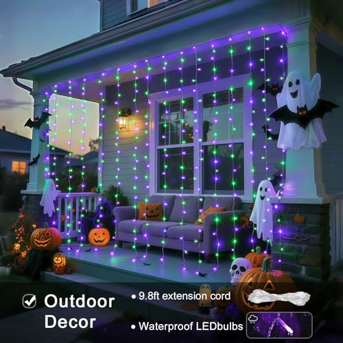 Image of JMEXSUSS 300LED Purple & Green Curtain Lights for Halloween Decor, Plug in | 9.8x9.8ft, Halloween Curtain Lights with Remote, Twinkle Hanging String Light for Bedroom Wall Window Backdrop Indoor Outdoor