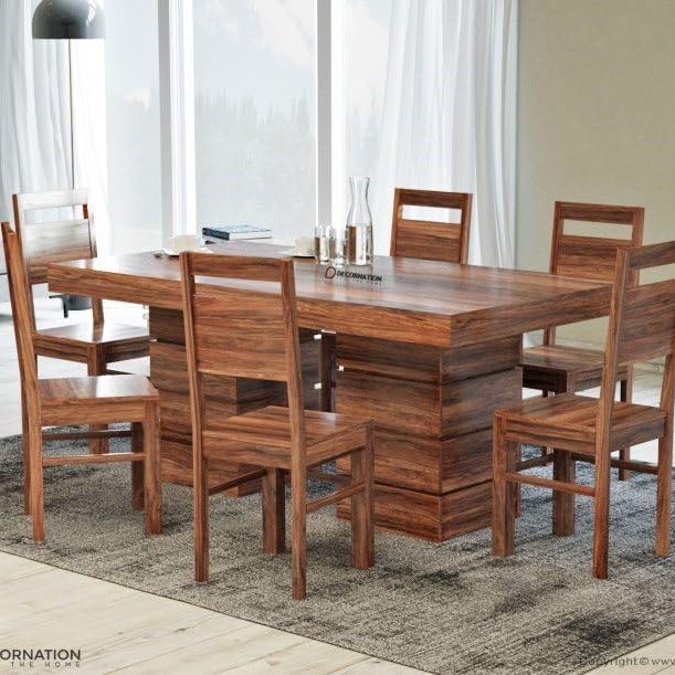 Image of DecorNation Jace Solid Wooden 6 Seater Dining Table Set with Chairs | Large Rectangular Dining Table | Premium Designer Legs | Modern Dining Furniture for Home