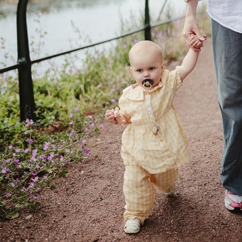 Image of FRIGG Daisy Natural Rubber Baby Pacifier | Made in Denmark | BPA-Free (Graphite /Peach Bronze, 0-6 Months) 2-Pack