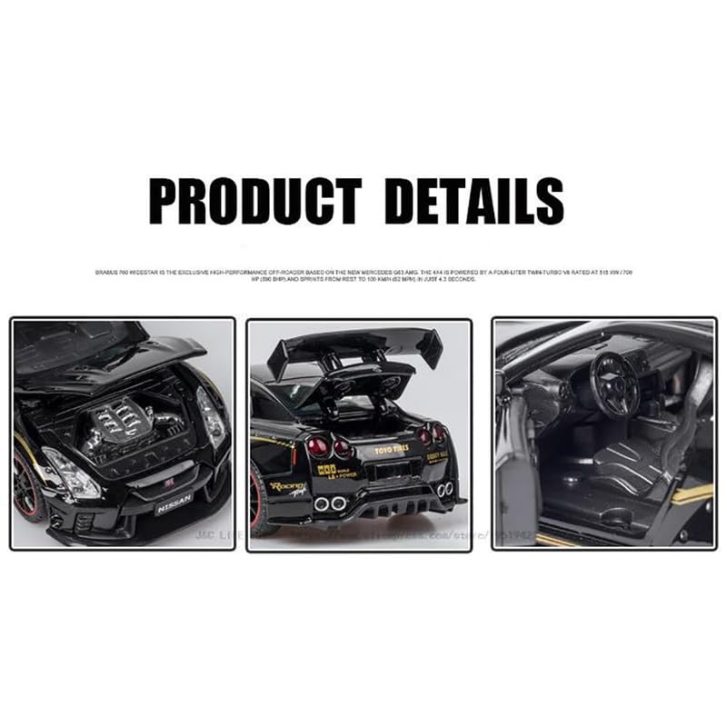 Image of Kids Model 1:32 Nessan R35 Die Cast Metal Car Pull Back Action Opening Doors with Realistic Engine Sound Lights Toy Car Gift for Boys - Black