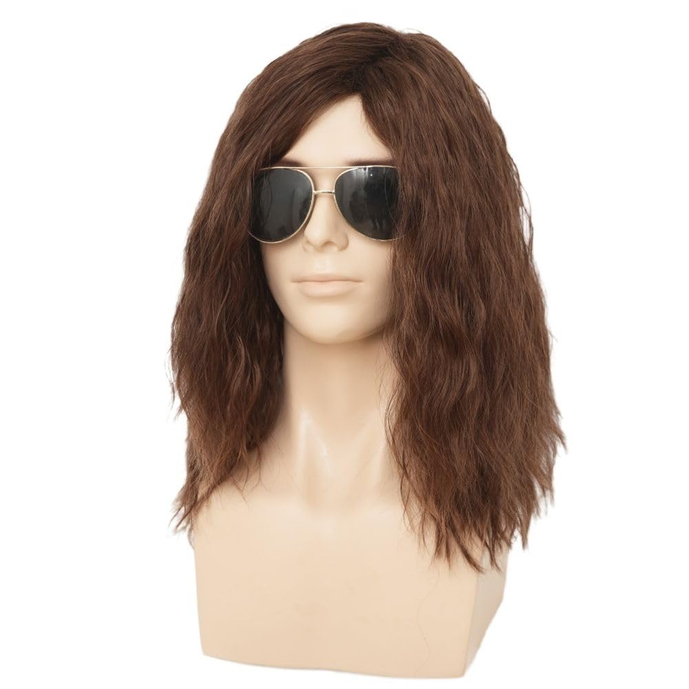 Siudus Mens Brown Long Curly Wig Side Part 70s 80s Fluffy Hair Wigs Synthetic Fiber Male Cosplay Disco Halloween Wig