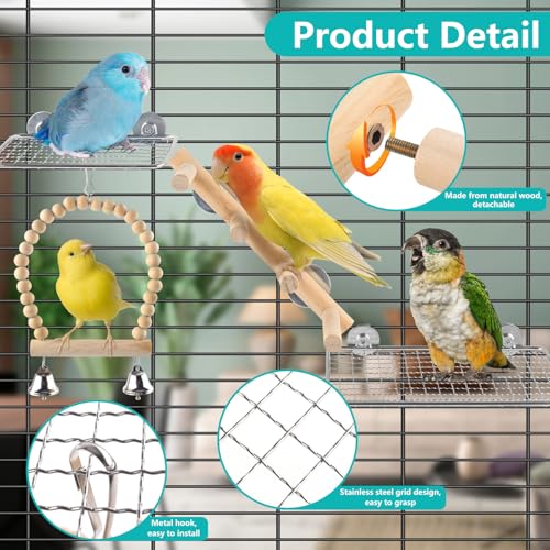 Image of DBNESS 4Pcs Bird Perches Toys, Stainless Steel Perch Platform (2 Sizes), Natural Wood Parrot Climbing Ladder & Swing with Bell, Play Gym Cage Accessories for Budgie Cockatiel Lovebird Canary Conure
