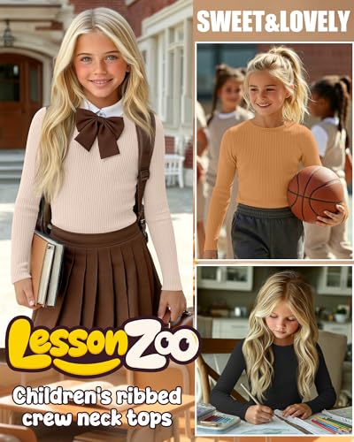 Image of 4 Pack Girls Long Sleeve Shirts Ribbed Knit Cotton Crewneck Tops Slim Fit Soft Casual Kids Base Layer Undershirts