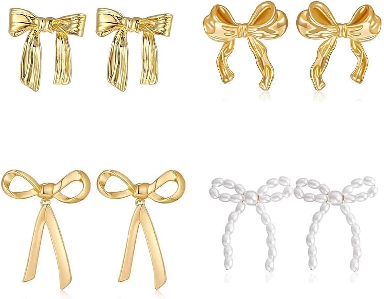 4 Pairs Bow Earrings for Women Classic Ribbon Bow Stud Earrings Gold Bow Dangle Earrings for Women - Image 2