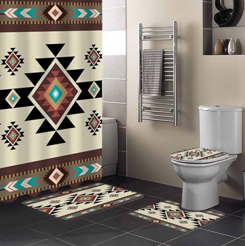 Southwest Geometric Bathroom Set with Shower Curtain and Rug and Accessories - 36x72 Inches Long Brown Mexican Aztec Boho Tribal Stall Curtain Waterproof with Small Bath Mat, Washable Runner Rug Set