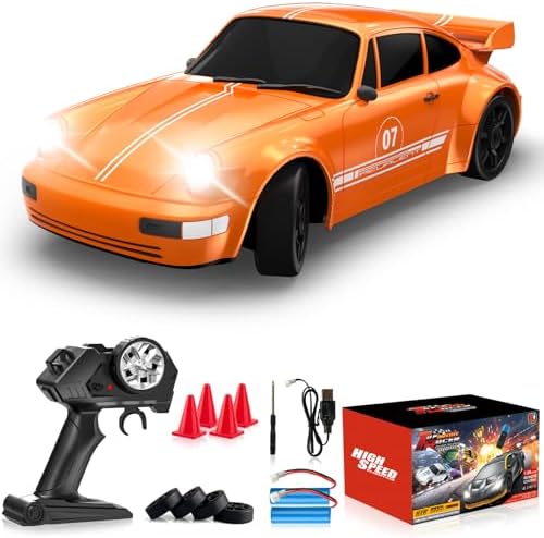 RC Drift Car Remote Control Car 2.4GHz 1/24 4WD 15KM/H High Speed Racing Sport with LED Lights Drifting Tire Racing Sport Toy for Adults Boys Girls Kids Gift 2Pcs Rechargeable Batteries