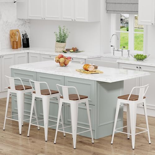 Image of Yongchuang 24 inch Metal Bar Stools Set of 4 Counter Height Barstools Farmhouse Kitchen Bar Chairs with Wood Seat Low Back Cream White