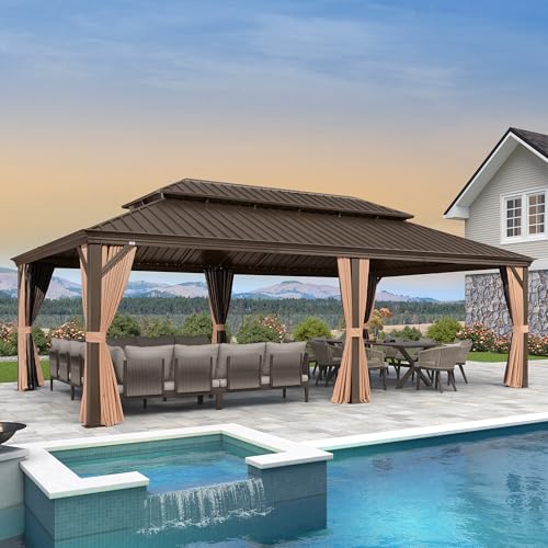 PURPLE LEAF 14' X 24' Outdoor Hardtop Gazebo Patio Wide Aluminum Frame Metal Double Roof with Heavy Duty Netting and Curtains for Permanent Hard Top Pavilion Screen, Khaki