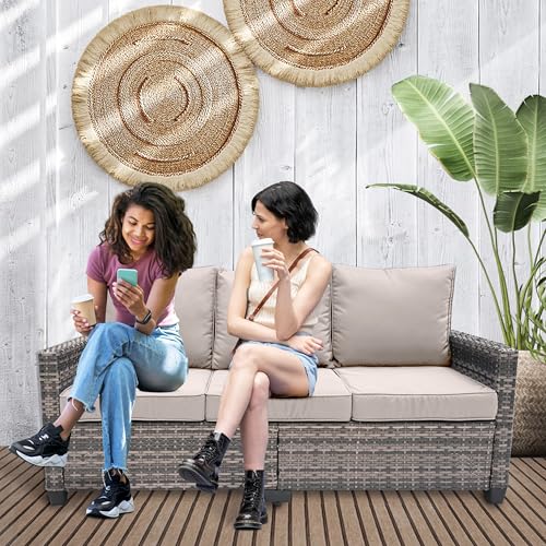 image for TARKARI All Weather Wicker Patio Couch, 3 Seats Patio Sofa with High C