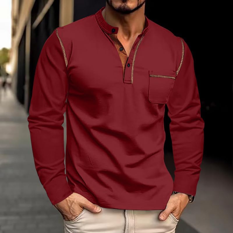 Henley Shirts for Men Loose Fit Long Sleeve Basic Pullover Shirt Collared Athletic Gym Button Tees with Pocket