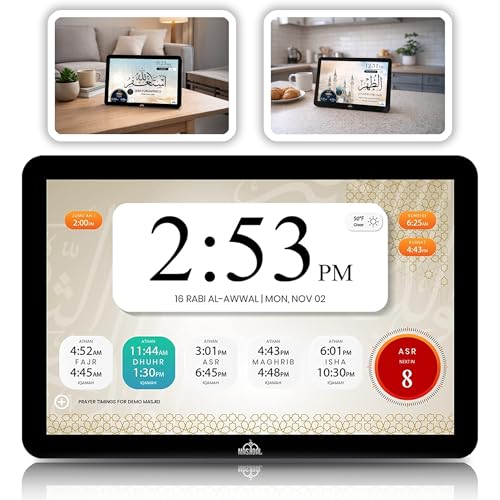 Masjidal 10" Smart WiFi Digital Azan Clock & Islamic Prayer Frame – Automatic Worldwide Prayer & Iqamah Times, Full Quran Player, Athan Alarm, Ramadan Clock, Touchscreen Muslim Home Display, Black