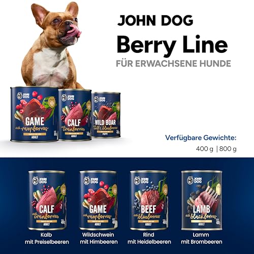 John Dog Hundefutter für Hunde Berry Line Wildschwein mit Himbeeren - Getreidefrei Hundenassfutter mit Superfoods und 96% Fleisch & Innereien - Nassfutter für Erwachsene Hunde 6 x 400g