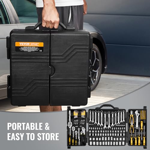 Image of VEVOR Mechanics Tool Set 207 Pieces 1 /4 inch 3 /8 inch 1 /2 inch Drive Sockets -SAE and Metric Mechanic Tool Kit with Bits - Wrenches, Ratchet Handle, Accessories, and Plastic Storage Case - for Automotive Repair