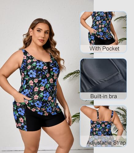 Halcurt Women's Plus Size Two Piece Bathing Suits Tankini Set with Shorts Pocket Tummy Control Swimsuit3