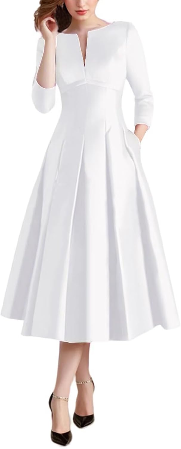 Satin Wedding Guest Dresses for Women Tea Length Mother of The Bride Dress A Line 3/4 Sleeves Evening Gown