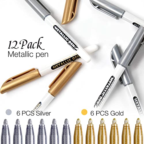 Jr.white Metallic Markers Pens, Silver And Gold Paint Pens, Value Set Of 12 Metallic Pens For Black Paper, Glass, Rock Painting, Halloween Pumpkin, Card Making, Diy Photo Album, Scrapbook Supplies #TOP5