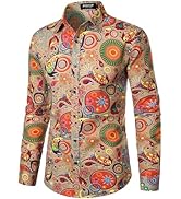 JEMITOP Men's Cotton Linen Vintage 70s Hippie Pattern Printed Long Sleeve Button Down Shirts for ...