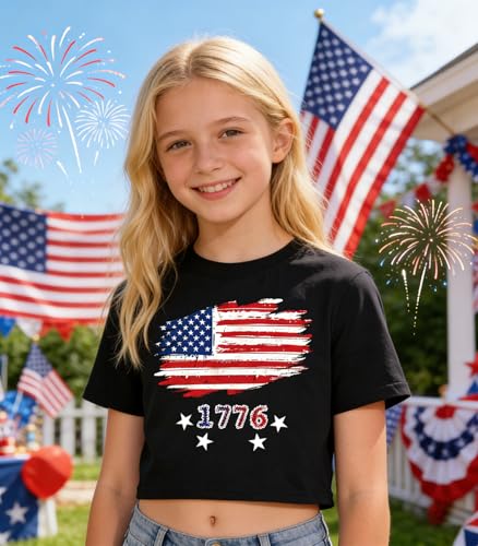 Image of Tkria Girl Crop Tops July 4th Crewneck Tshirt American Flag Patriotic USA Flag Girls Outfit Clothes Size 6-14