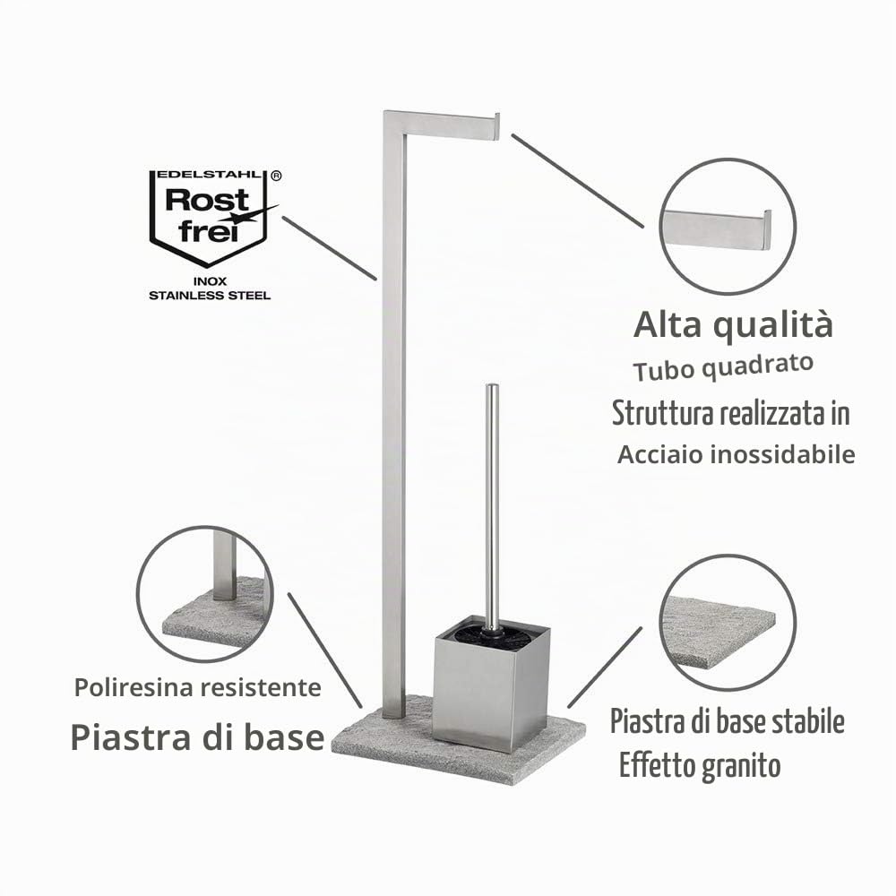WENKO Piantana portarotolo e scopino WC Granite - WC-Bürstenhalter, Acciaio inossidabile, 23 x 73.5 x 19.5 cm, Satinato