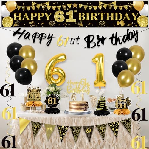 Image of 61st Birthday Decorations for Men, Black Gold 61st Party Decoration Kits | 27pcs Happy 61st Birthday Set, Banner, Honeycomb, Balloons, Gold Number, Candle, Hanging Swirls, Cake Topper, Party Supplies