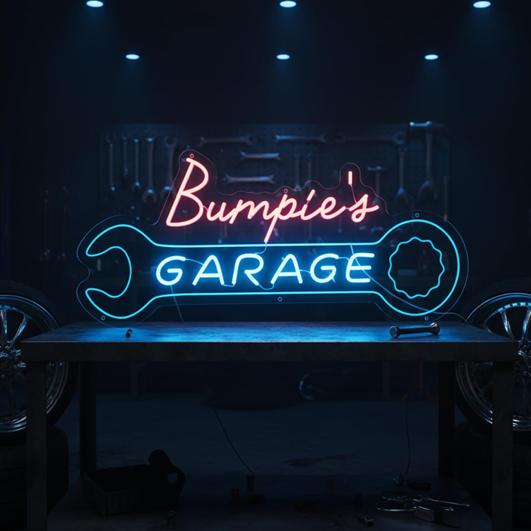 Cartello al neon personalizzato per garage, cartello luminoso a LED personalizzato con forma di chiave, decorazione da parete per meccanici di auto retrò, cartello luminoso per grotta o officina