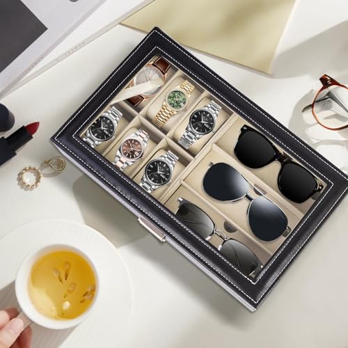 Xisakaca Watch Storage Box with Lid, Black PU Leather Glasses Case Eyeglasses Holder, Drawer Display Sunglasses Organizer for Women Men