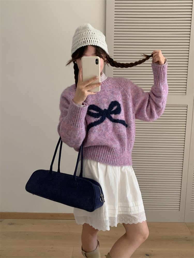 Image of Women's Y2K Bow Print Cropped Sweater Casual Loose Fit Pullover Tops Long Sleeve Crew Neck Chunky Knit Jumpers