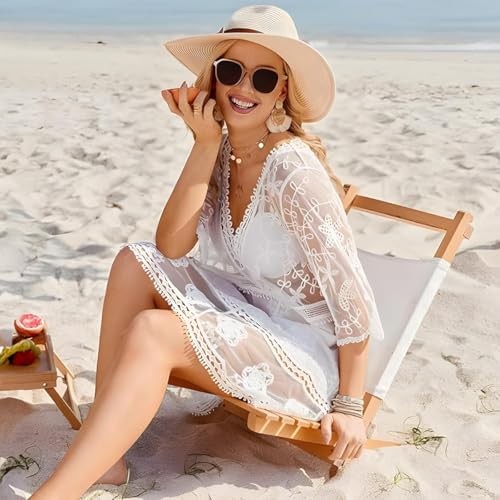 Image of SANNIDHI Crochet Cover Up for Women Loose Fit Beach Cover Up Stylish Boho V Neck Hollow Summer Top Coverup - Fits for Weight 50-70kg and Height 160-178cm