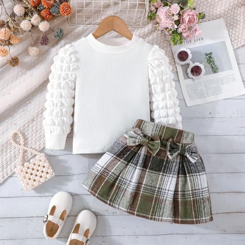 Image of Noubeau Toddler Girls Plaid Outfits Girls Puff Sleeve Knit Ribbed Shirt Tops Plaid Skirt Set Kids Fall Winter Clothes