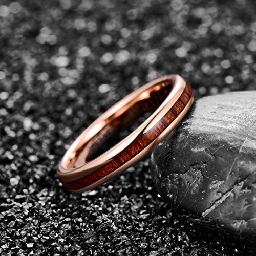 NUNCAD Rose Gold Ring for Women Hawaiian Koa Wood Inlay 4mm Tungsten Carbide Wedding Band Polished Edge Comfort Fit Size 6-122