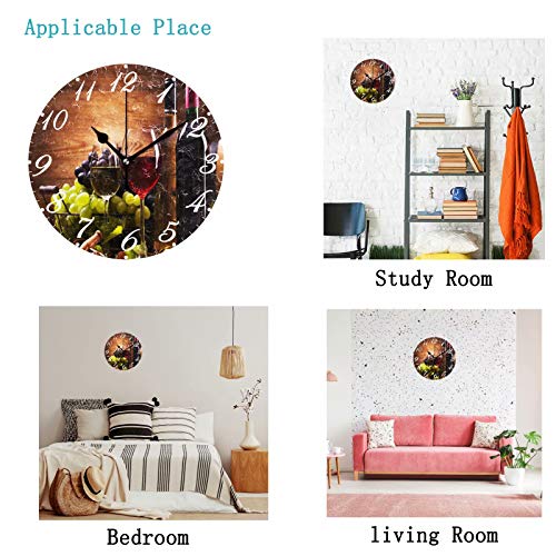 Pfrewn Wooden Wine Wall Clock Silent Non Ticking Round Grape Floral Retro Clocks Battery Operated Watercolor Vintage Desk Clock 10 Inch Quartz Analog Quiet Bedroom Living Room Home Decor #TOP2