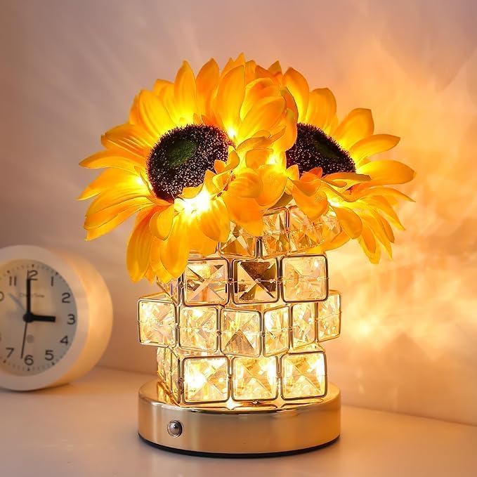 MCHERRY Lámpara de mesa de cristal de girasol, lámpara táctil LED regulable con jarrón de cristal cúbico, lámparas inalámbricas recargables por USB para dormitorio, sala de estar, decoración del hogar