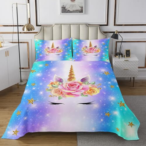 Castle Fairy Unicorn Bedspread,Cute Rainbow Watercolor Print Coverlet Set,Sweet Girly Animal Themed Bedding Set Decorative Quilted 3 Piece with 2 Pillow Shams,Queen Size
