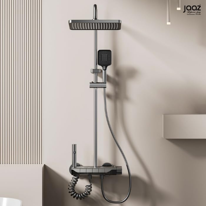 Image of Jaaz Piano Shower Set for Bathroom with Rainfall Showerhead, Waterfall Outlet, Hand Shower & Temperature Display - Gun Metal Grey (Elegance)