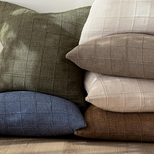Image of Foindtower Set of 1 Decorative Linen Check Throw Pillow Cover Neutral Farmhouse Vintage Cushion Cover Modern Boho Home Decor for Sofa Chair Couch Bedroom Living Room,18x18 Inch,Tan Taupe
