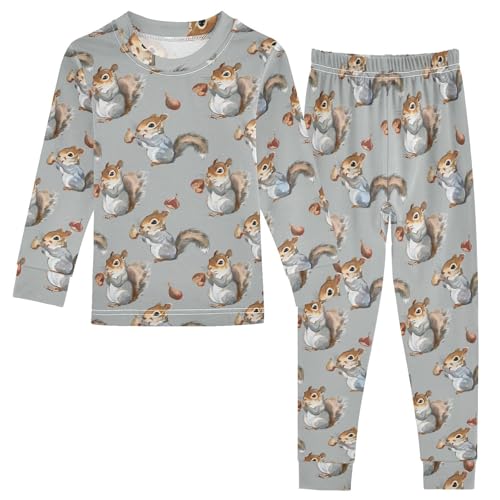 Fustylead Watercolor Cute Squirrel and Acorn Pajamas Cotton Sleepover PJ Set Long Sleeve Lounge Wear