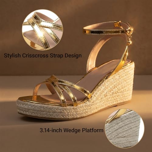 Image of Dressy Open Toe Sandals Platform Wedge Sandals with Cushioned Insole and Ankle Strap Buckle,Strappy Espadrille Wedge Sandals for Women Comfortable Summer