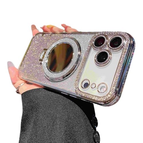Gradient Glitter Holder Makeup Mirror Protective Case for iPhone 17/16/15/14/13/12 Series, Rhinestone Gradient Case with Lens Pr