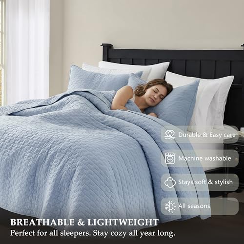 Image of PALASSIO Baby Blue 100% Cotton Quilt Queen Size Bedding Sets with 2 Pillow Shams, Textured Lightweight Soft Bedspread Shabby Chic Coverlet, Neutral Quilted Comforter Bed Cover for All Season, 3 Pieces